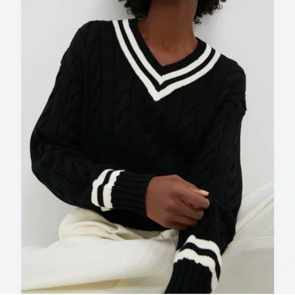 Elodie Black Knit Sweater with White Trim VNeck Sweater - Picture 8 of 8